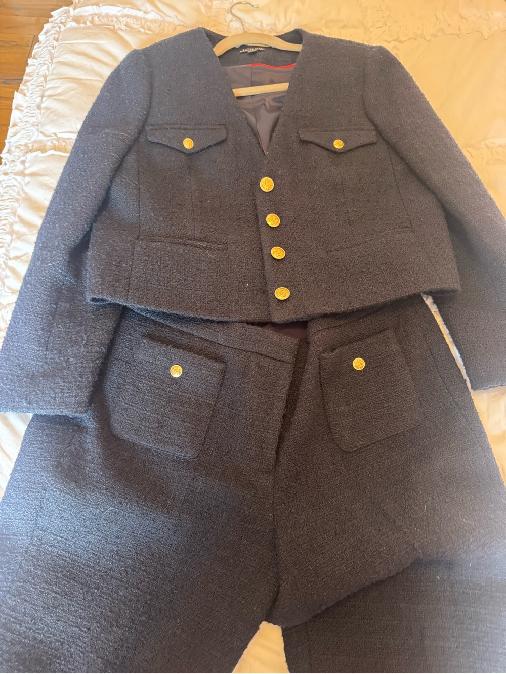 J crew navy Tweed Two-Piece Suit with Gold Buttons.